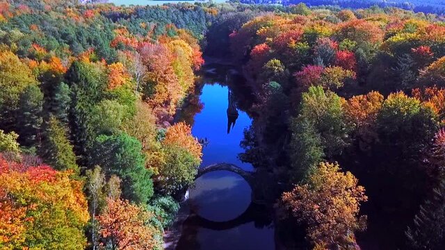 Aerial Germany Devils Bridge, rakotzbrucke park Kromlau, 