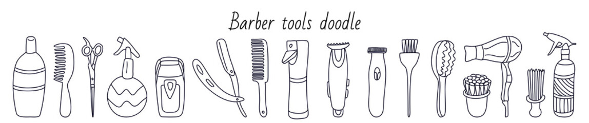 Set with barber tools. Manual 
razor, flat comb hair, brushes, spray, shaver, trimmer. Hand drawn vector illustration in black ink on white. Isolated outline. Doodle style. Great for barbershops. - obrazy, fototapety, plakaty