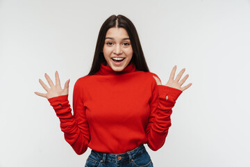 Photo of excited beautiful woman smiling and showing her palms