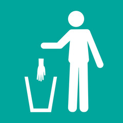 Icon pictogram of a person throwing a protective glove in a trash can. Coronavirus, COVID-19 virus waste. Flat vector illustration