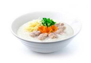 Congee Pork Rice Porridge served slice ginger and cutlet Celery