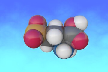 DL-Homocysteic acid molecule. Atoms are represented as spheres with conventional color coding: carbon (grey), oxygen (red), nitrogen (light blue), hydrogen (white), sulfur (yellow). 3d illustration