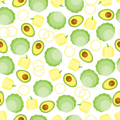 This is a seamless pattern texture of cabbage, pepper, avocado on white background. Cute wrapping paper.