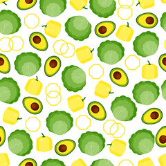 This is a seamless pattern texture of cabbage, pepper, avocado on white background. Vector wrapping paper.