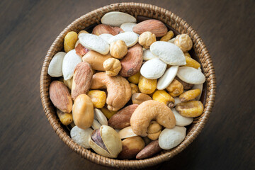 Mixed nuts and kernels snack, roasted and salty