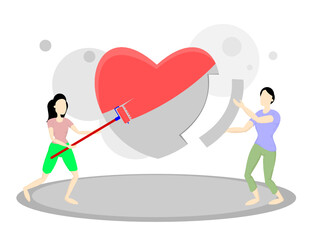 man and woman working together on their love symbolized by a big heart.Vector illustration of cooperation of a couple in love.white background.