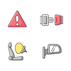 Drivers safety precautions RGB color icons set. Security measures, safe driving. Warning sign, seatbelt, airbag and rear view mirror. Isolated vector illustrations