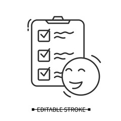 Happy client survey icon. Clipboard, check marks and smile consumer pictogram. Concept of marketing research service and business customer experience study. Editable stroke vector linear illustration