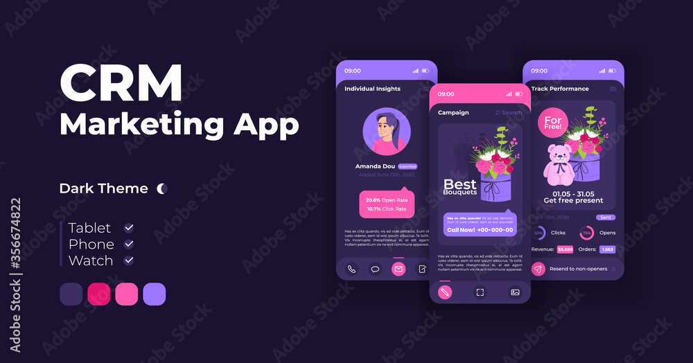 Poster online promotion cartoon smartphone interface vector templates set. mobile app screen page night mod