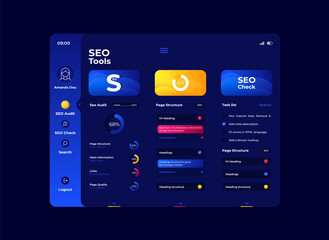 Seo tools tablet interface vector template. Mobile app page night mode design layout. Search engine optimization screen. Flat UI for application. Account performance rate. Portable device display
