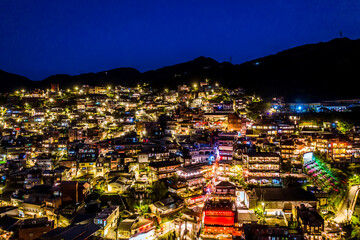 aerial view of night scene of Jioufen village, Taiwan. The colourful scene at night of Jiufen old city, Jiufen, Taiwan.