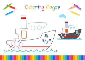 Drawing for coloring: Ship, steamboat . Coloring, sticker, postcard, scrapbooking, products for children.