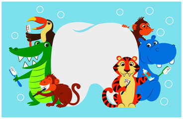 Obraz na płótnie Canvas Happy animals brushing ther teeth. Banner with place for text.