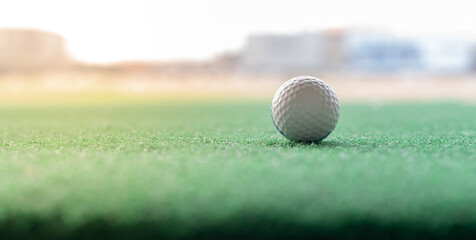 The white golf ball put on the grass in the drive golf complex and preparing for hit the golf ball.