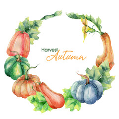 Watercolor autumn harvest wreath with pumpkins