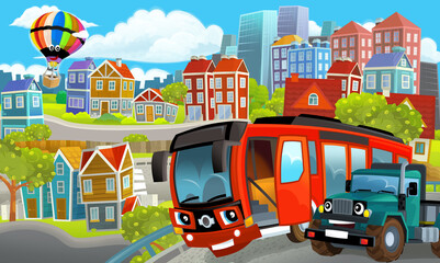 Obraz na płótnie Canvas cartoon happy and funny scene of the middle of a city with cars driving by - illustration