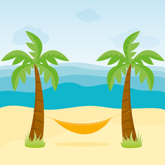 Fototapeta na wymiar Hammock on the beach with palm trees by the sea. Tropical coast. Flat style vector illustration.