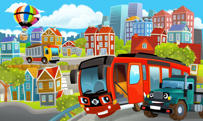 Obraz na płótnie Canvas cartoon happy and funny scene of the middle of a city with cars driving by - illustration