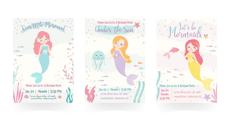 Set of cute mermaid theme birthday party invitation card vector illustration.