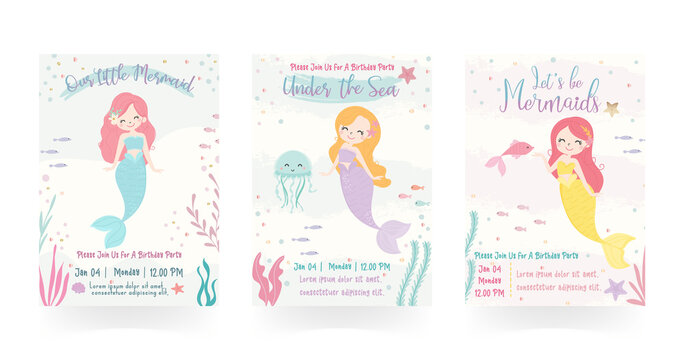 Set of cute mermaid theme birthday party invitation card vector illustration.