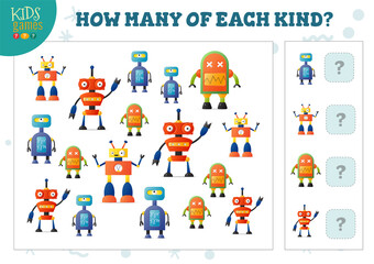 How many of each kind cartoon robot counting game for kids vector illustration