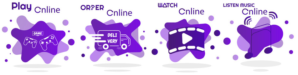 Stay home set of icons with violet color gradient. Designed for website, smartphone etc. Order, watch, listen and play online. Modern design elements with liquid shapes and paint splash. Eps 10 vector