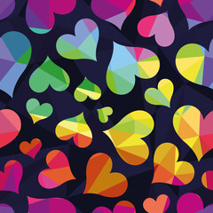 Vector pattern with many polygonal rainbow emblems of hearts isolated on the dark background. Seamless pattern can be used for wallpaper, pattern fills, web page background, surface textures.