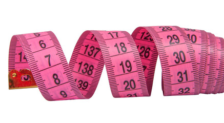 Pink rubber tape measure for sewing cloth or fabric isolated on the white