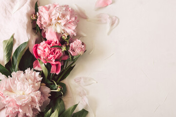 Peonies Flat lay. Beautiful peony flower for any holiday.