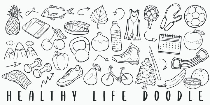 Healthy Life Doodle Line Art Illustration. Hand Drawn Vector Clip Art. Banner Set Logos.