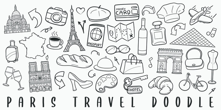 Paris Travel Doodle Line Art Illustration. Hand Drawn Vector Clip Art. Banner Set Logos.