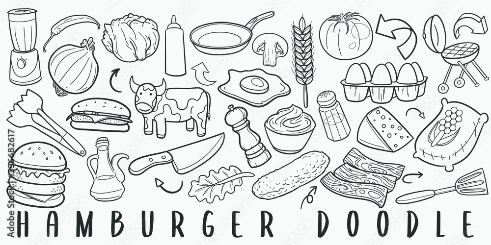 Wall mural Burger Menu Fast Food Doodle Line Art Illustration. Hand Drawn Vector Clip Art. Banner Set Logos.