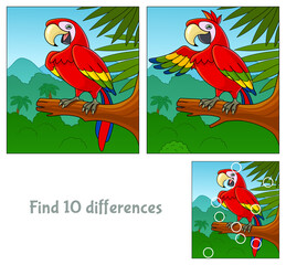 Cartoon funny parrot. Find 10 differences. Educational game for children. Cartoon vector illustration.