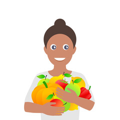 Happy woman holding fruits and vegetables - vector illustration