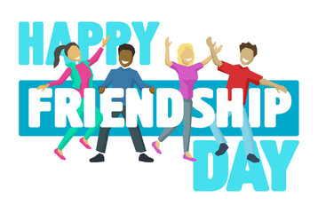 Happy Friendship Day - banner with happy dancing people friends in low poly style congradulate with holiday