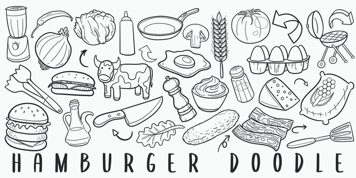 Burger Menu Fast Food Doodle Line Art Illustration. Hand Drawn Vector Clip Art. Banner Set Logos.