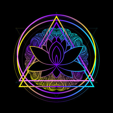 Lotus, Sacred Geometry. Ayurveda symbol, harmony, balance, universe. Tattoo flesh design, yoga logo. Boho print, poster, t-shirt textile. Anti stress book. Isolated vector illustration