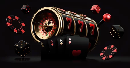 Deurstickers Black Red And Golden Slot Machine With Roulette Wheel Inside, Chips, Dices And Playing Cards, Isolated On The Black Background. Casino Modern Concept - 3D Illustration  © Levan
