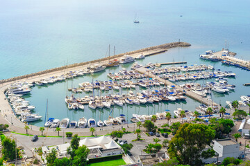 Fototapeta na wymiar Marina with boats and yachts. View from above