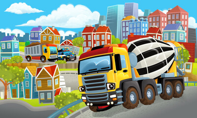 cartoon happy and funny scene of the middle of a city with concrete mixer and with cars driving by - illustration