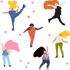  Happy girls are dancing. Love your body! Body positive. Attractive overweight woman. Vector illustration. 