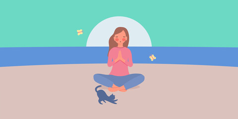 relax concept, cute girl character are meditate on beach with cat near,butterfly fly around, soft pastel color,pink cheek, rosy cheek, vector illustration for graphic design,website, or background