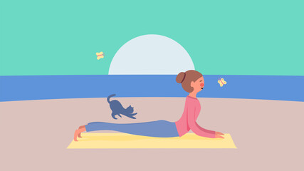 Obraz na płótnie Canvas relax concept, cute girl character are yoga on beach with butterfly and cat near, soft pastel color, vector illustration for graphic design,website or background,pink cheek,rosy cheek