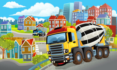 Fototapeta na wymiar cartoon happy and funny scene of the middle of a city with concrete mixer and with cars driving by - illustration