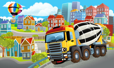 cartoon happy and funny scene of the middle of a city with concrete mixer and with cars driving by - illustration