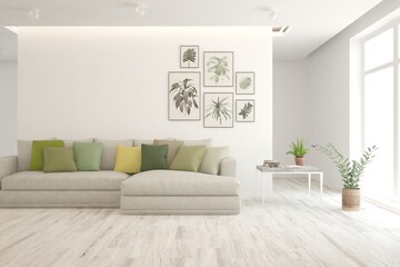 White living room with sofa. Scandinavian interior design. 3D illustration