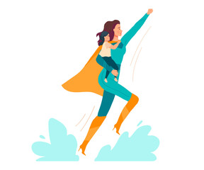 Super mom vector illustration. Cartoon flat beautiful young mother in superhero costume holding baby child in hands, mommy character flying, strong superwoman isolated on white