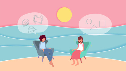relax color concept, cute character sitting on chair and  psychiatrist listening/counseling therapy on beach background, soft pastel color, pink/rosy cheek, vector illustration for graphic design