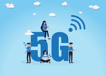 5G Network wireless systems and Free wifi hotspot concept,Vector illustration of Woman on big 5G symbol with using laptop and people in free internet zone for checking social media,High speed internet