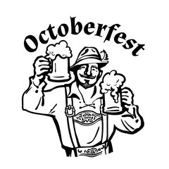 Oktoberfest text above heerful Bavarian man with two beer mugs. October fest beer emblem. Hand drawn vintage vector illustration.